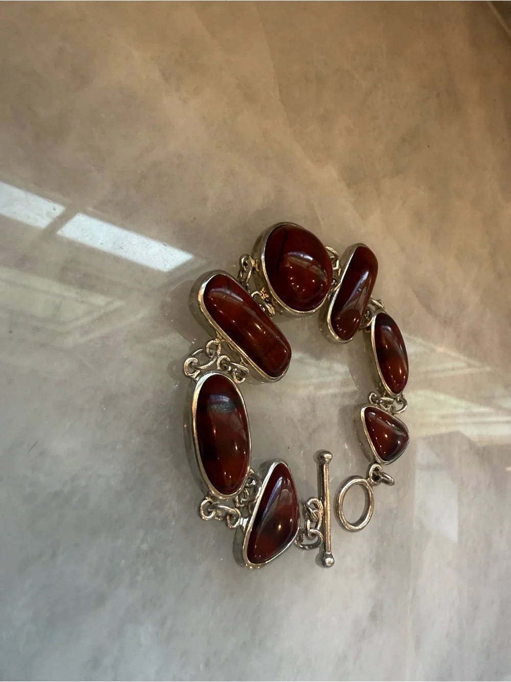 Artisan Red Jasper Cabochon Gemstone Link Bracelet In Sterling Silver